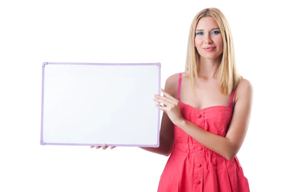 Woman in pink dress with blank board — Stock Photo, Image
