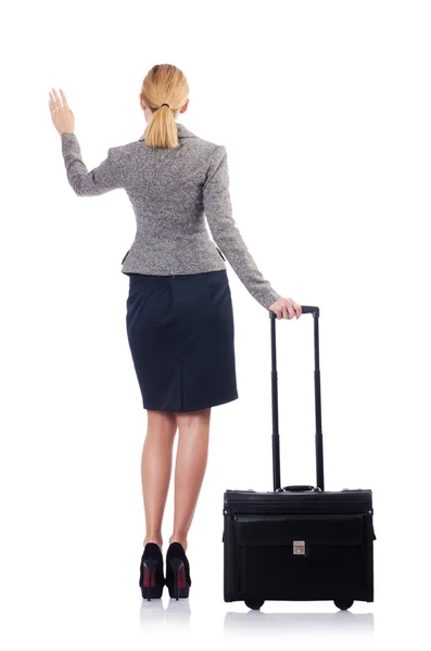 Businesswoman with suitcase on white — Stock Photo, Image