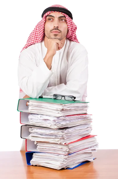 Arab businessman with many folders on white — Stock Photo, Image