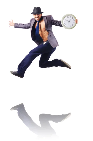 Muscular half naked businessman jumping on white — Stock Photo, Image