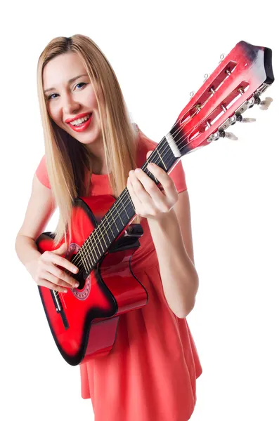 Kadın gitarist beyaz üzerine izole — Stok fotoğraf