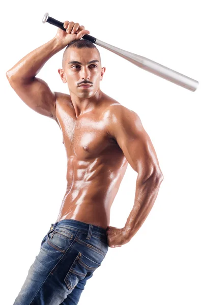 Homem muscular com bastão de beisebol no branco — Fotografia de Stock