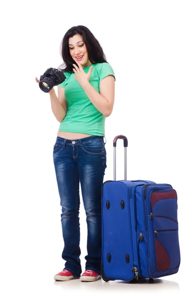 Menina com caixa de viagem e câmera — Fotografia de Stock