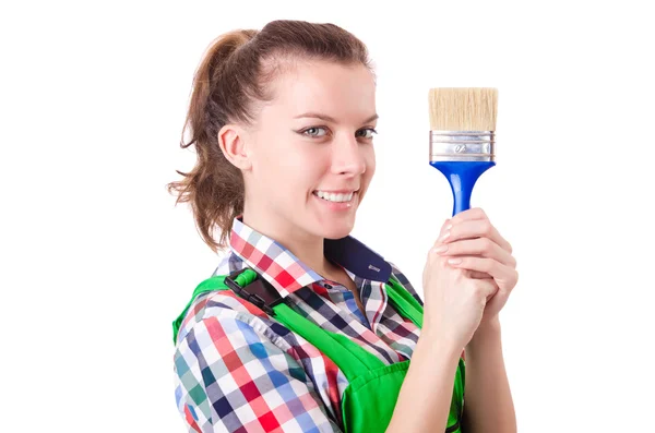 Woman painter with paintbrush on white — Stock Photo, Image
