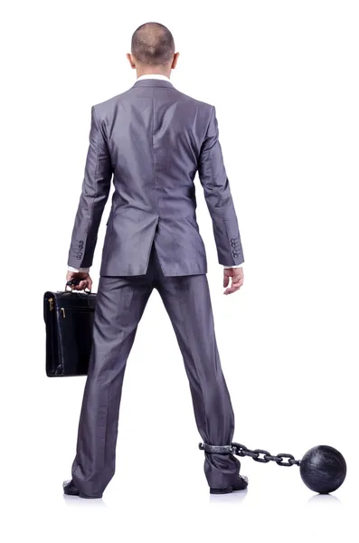 Geschäftsmann mit Fußfessel auf Weiß — Stockfoto