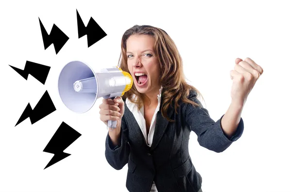 Businesswoman with loudspeaker on white — Stock Photo, Image