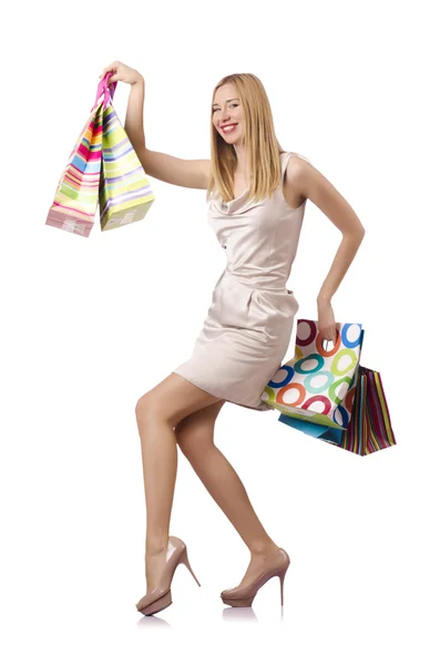 Tall girl after good shopping on white — Stock Photo, Image