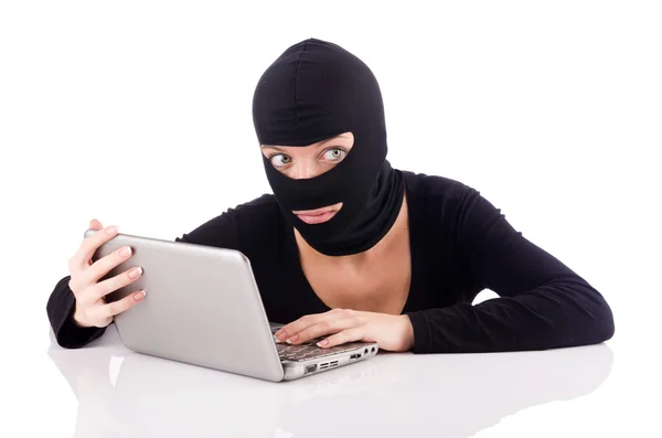 Hacker yün giyen bilgisayar ile — Stok fotoğraf