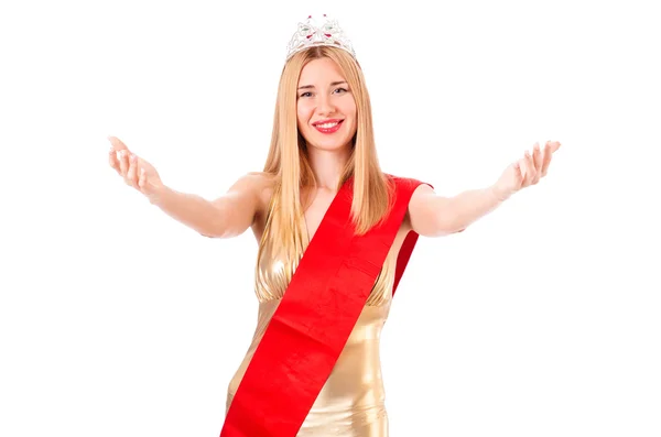 Reine de beauté au concours isolé sur blanc — Photo