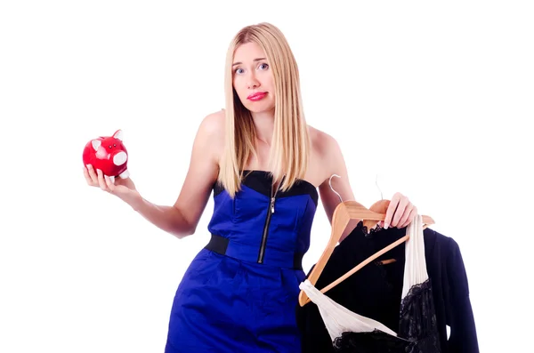 Woman thinking of spending her savings on clothing — Stock Photo, Image