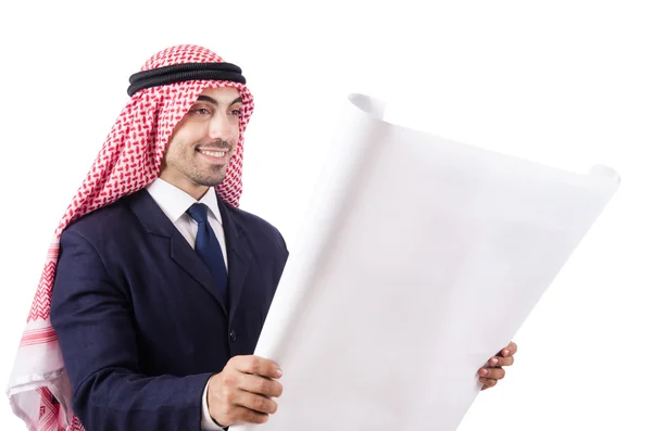 Arab engineer with drawings on white — Stock Photo, Image