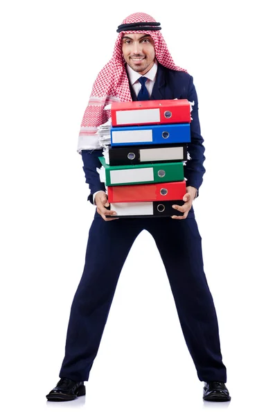 Arab businessman with many folders on white — Stock Photo, Image