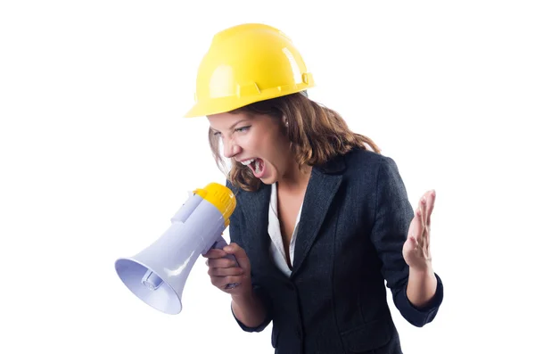 Female construction worker with loudspeaker — Stock Photo, Image