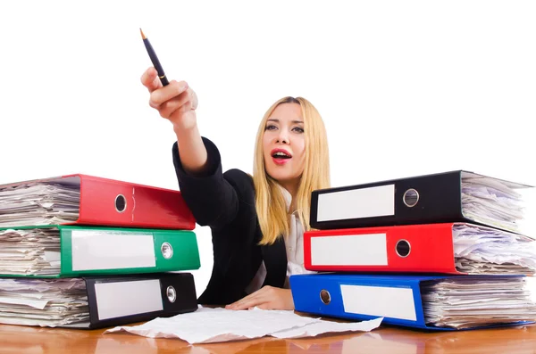 Femme occupée avec des piles de papier — Photo