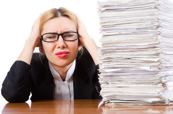 Woman with pile of papers