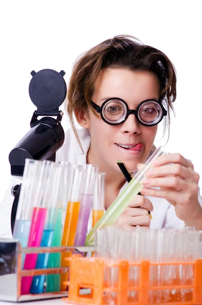 Crazy woman chemist in lab — Stock Photo, Image