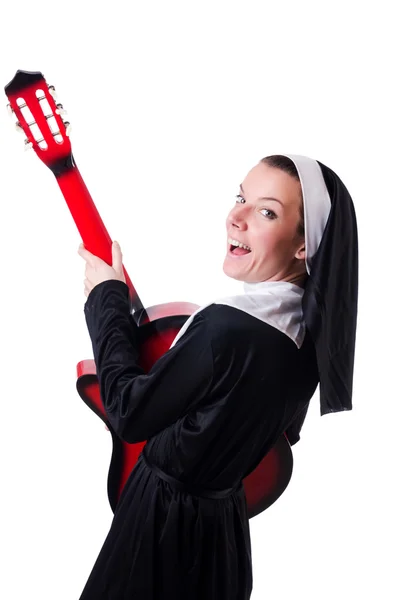 Nun playing guitar isolated on white — Stock Photo, Image