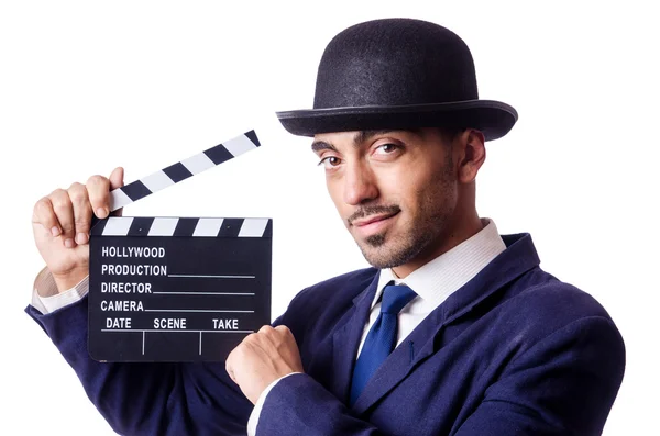 Hombre con película clapper aislado en blanco — Foto de Stock