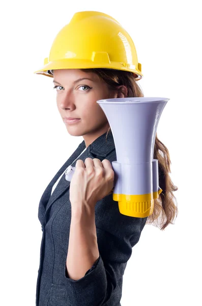 Žena stavební dělnice s reproduktorem — Stock fotografie
