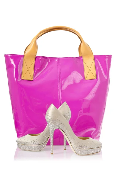 Elegant bag and shoes on white — Stock Photo, Image