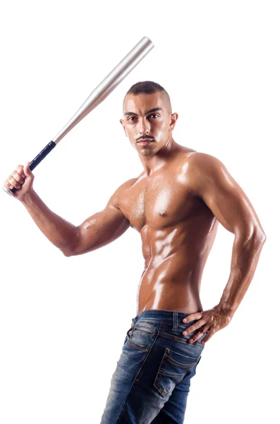 Musculoso hombre con bate de béisbol en blanco —  Fotos de Stock
