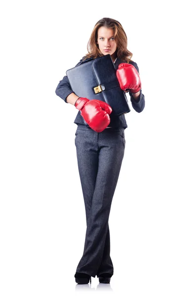 Mujer mujer de negocios con guantes de boxeo en blanco —  Fotos de Stock