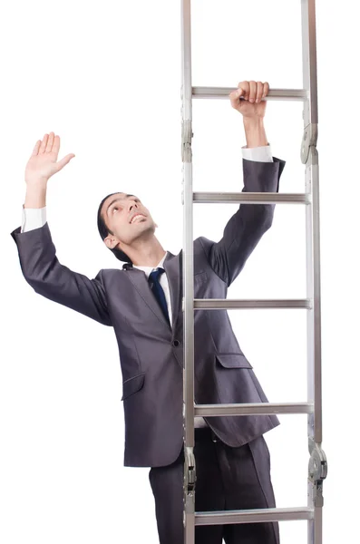 Zakenman klimmend op de ladder geïsoleerd op wit — Stockfoto