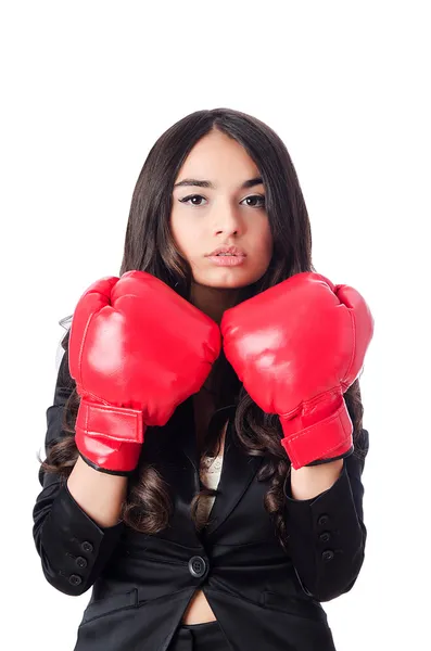 Mujer joven con guante de boxeo — Foto de Stock