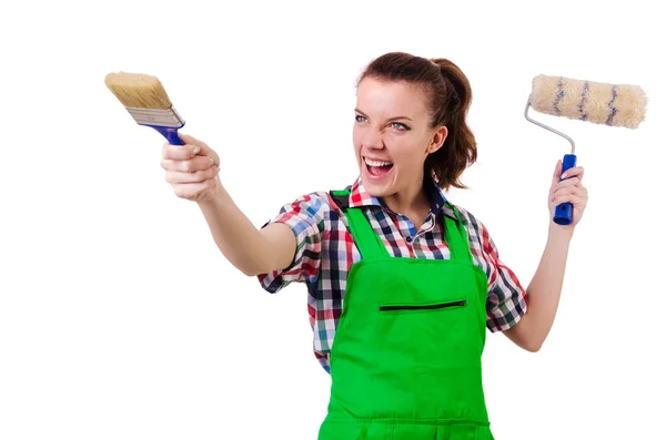 Woman painter with paintbrush on white — Stock Photo, Image