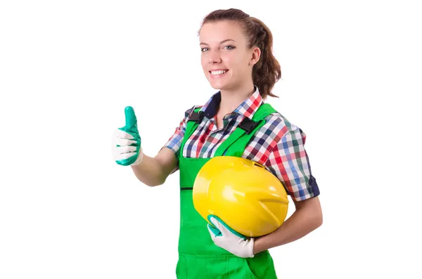 Mujer constructora aislada en el blanco — Foto de Stock