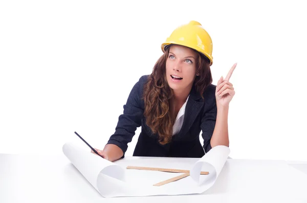 Woman architect with drawings on white — Stock Photo, Image