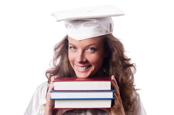 Graduado com livro isolado em branco — Fotografia de Stock