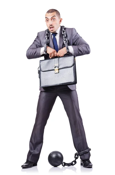 Businessman with shackles on white — Stock Photo, Image