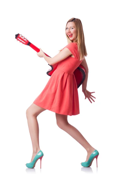 Woman playing guitar isolated on white — Stock Photo, Image