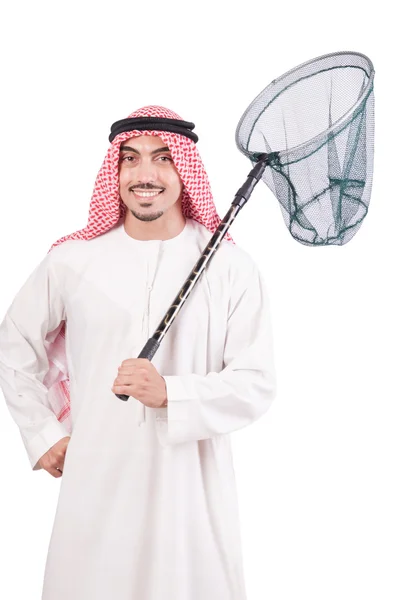 Arab businessman with catching net on white — Stock Photo, Image