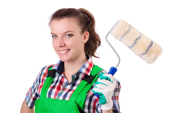 Woman painter with paintbrush on white — Stock Photo, Image