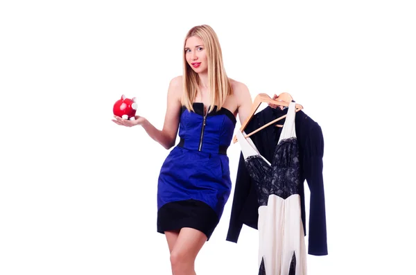 Woman thinking of spending her savings on clothing — Stock Photo, Image