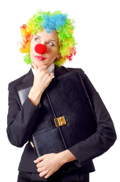 Woman clown in business suit — Stock Photo, Image