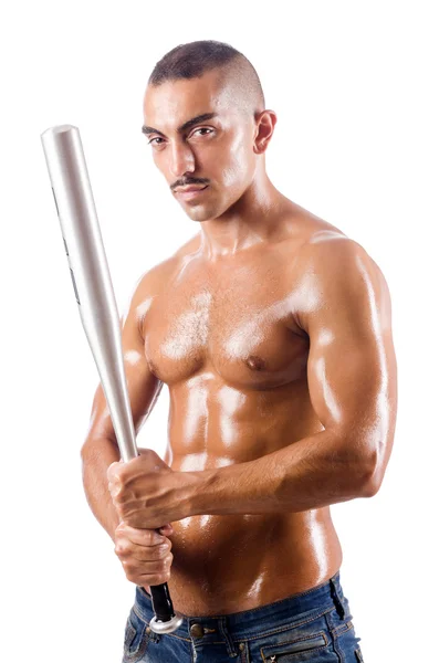 Muscular man with baseball bat on white — Stock Photo, Image