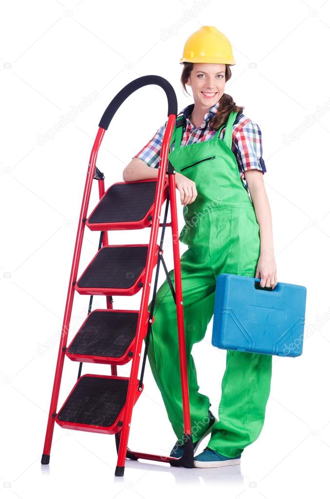 Woman repair worker with ladder