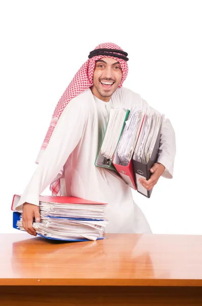 Arab businessman with many folders on white — Stock Photo, Image