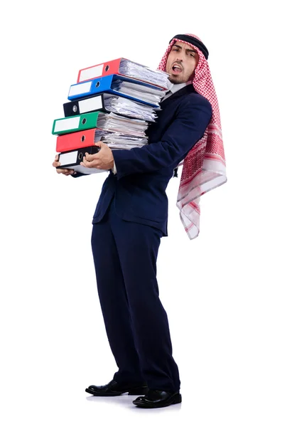 Arab businessman with many folders on white — Stock Photo, Image