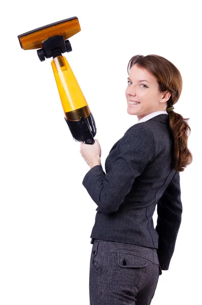 Young woman with vacuum cleaner on white — Stock Photo, Image