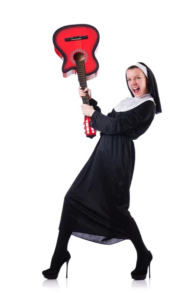 Nun playing guitar isolated on white — Stock Photo, Image