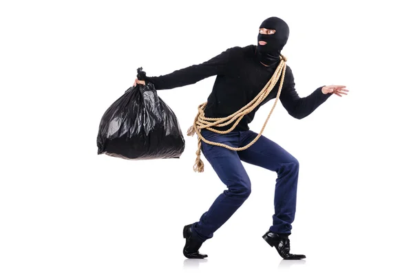 Burglar wearing balaclava isolated on white — Stock Photo, Image