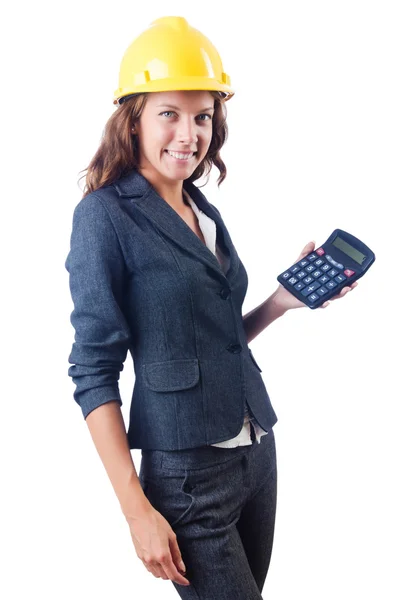 Constructora femenina con calculadora en blanco — Foto de Stock