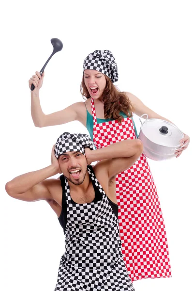 Pair of funny cooks on white — Stock Photo, Image