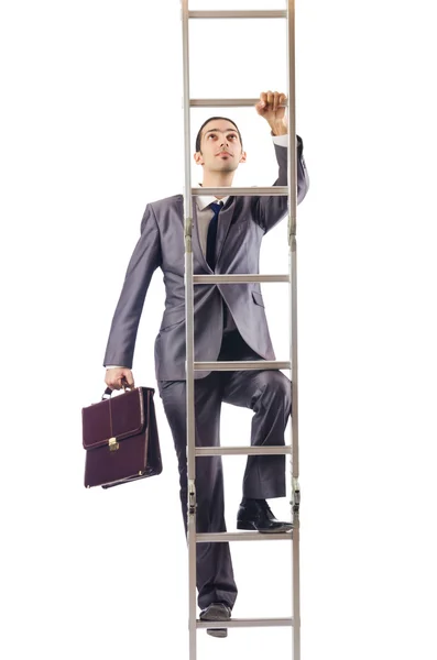 Zakenman klimmend op de ladder geïsoleerd op wit — Stockfoto