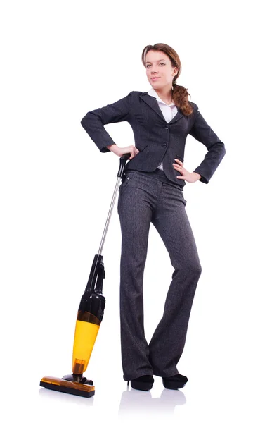 Young woman with vacuum cleaner on white — Stock Photo, Image