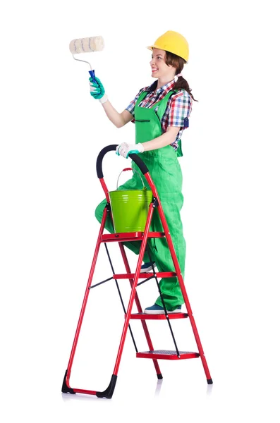 Mulher reparadora com escada — Fotografia de Stock